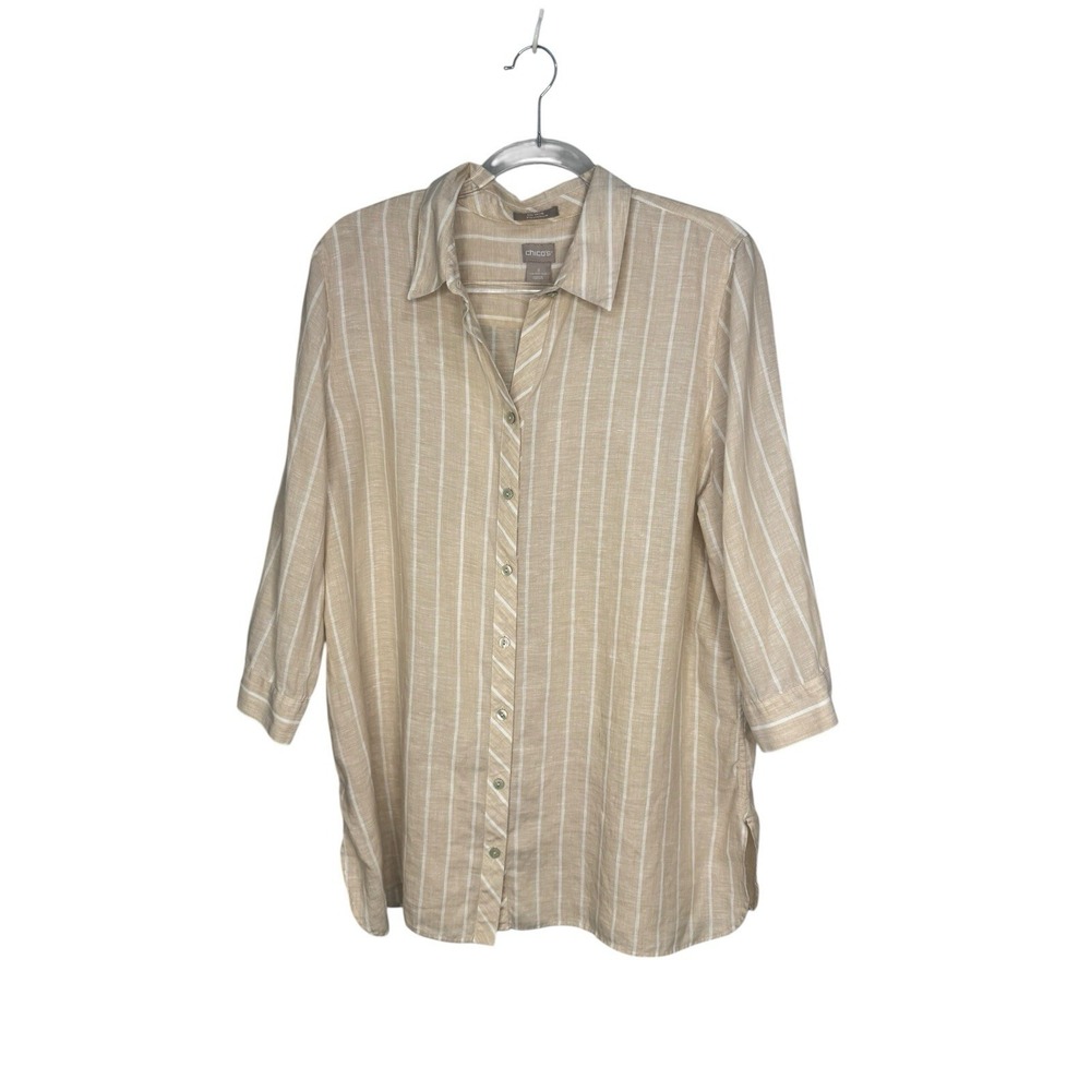 Chicos Size 3 US XL 100% Linen No Iron Button Up Shirt Tan Striped Coastal Beach